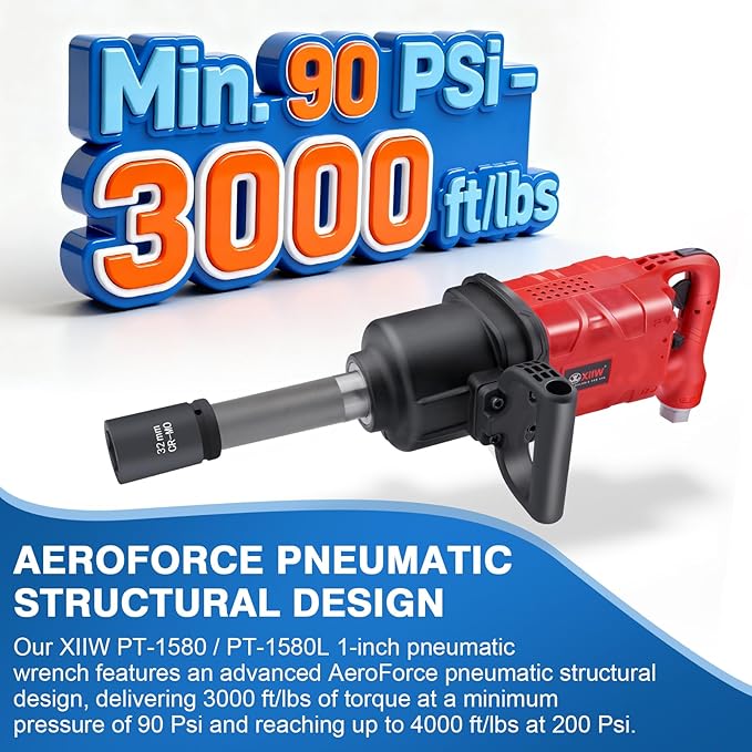 1 Inch Air Impact Wrench, Up to 4000 ft-lbs High Reverse Torque, 1'' Pneumatic Impact Gun w/ 9 Inch Extended Anvil and 2 D Handles 3800RPM for Heavy Duty Repairs