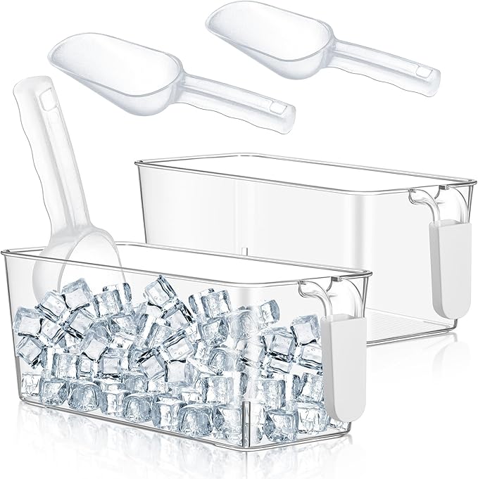Havawish 2 Set Ice Bin and Flexible Scoop Set Plastic Freezer Ice Bin with Pull out Handle Clear Ice Storage Ice Bucket for Freezer Ice Container with Ice Bucket Scoop Kitchen (10.83 x 4.92 x 4.33 in)