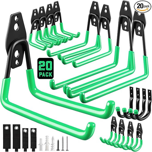 LANDNEOO Garage Hooks, 20-Pack Steel Garage Accessories for Organization and Storage, Heavy Wall Mount Duty Hooks with Anti-Slip Coating for Hanging Ladder, Bike, Power Tools and More Tools, Green