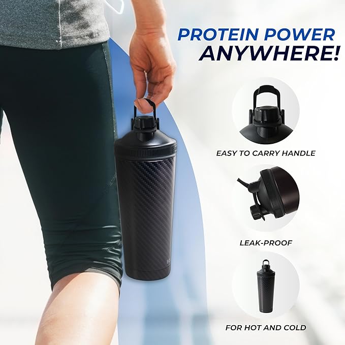 Black Carbon Fiber Stainless Steel Shaker Bottle For Protein - Gym Water Bottle & Mixer Bottle - 24 Oz, Internal Measure, Rubber Bottom, and Brush - Leak Proof & BPA Free Metal Blender Bottle