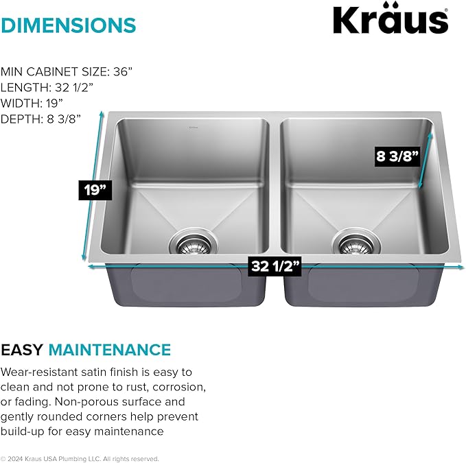 KRAUS Fairlane 33-inch Undermount Double Bowl 18-Gauge Stainless Steel Kitchen Sink, KHU632-33