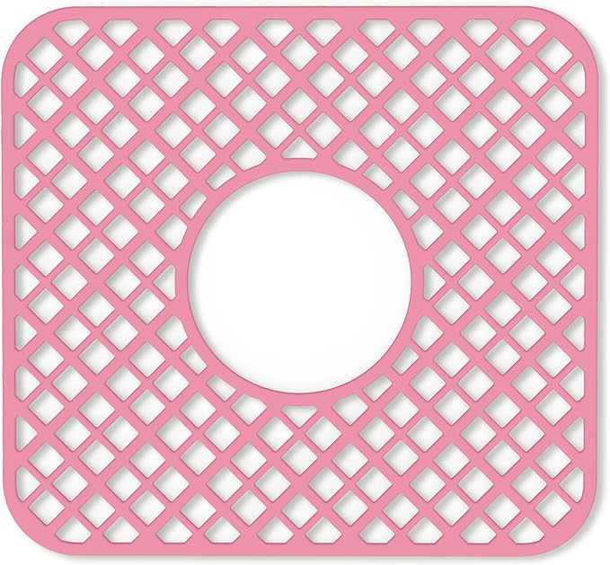 2 Pack Silicone Sink Protector for Kitchen Sink, Lozenge Pattern 12 x 11" Sink Grid Mat Silicone Protectors, Center Drain, Pink