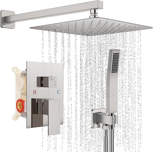 Shower Faucet Set Bathroom Square Rain Shower Head and Handle Set, Wall Mounted Shower Fixtures With Shower Valve and Trim Kit 10 inch Brushed Nickel