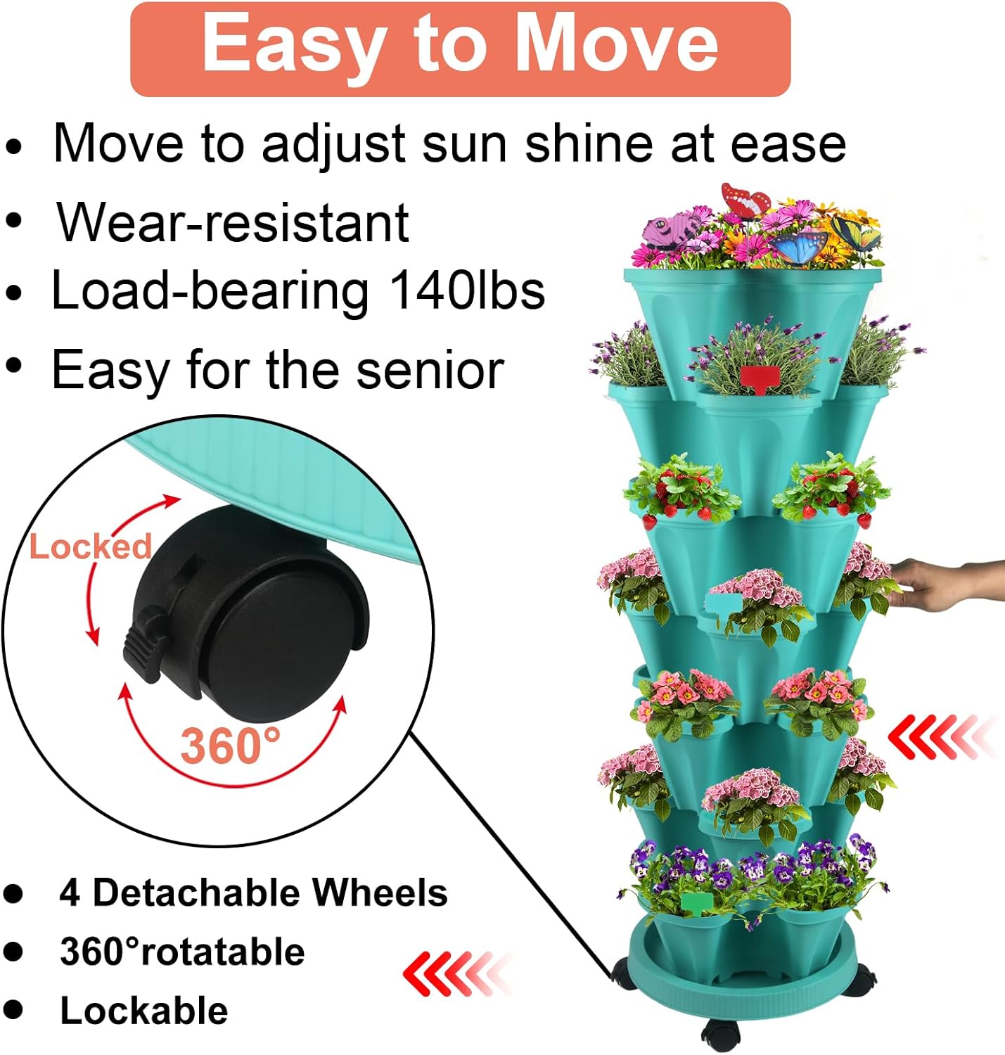 Vertical Planter, 7 Tier Stackable Strawberry Planter with Garden Tool Set, Movable Indoor/Outdoor Garden Herb Pot for Growing Vegetables and Succulents, Teal