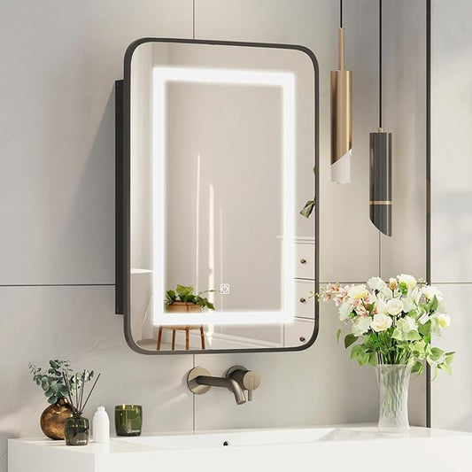 Black Lighted Medicine Cabinet Recessed Medicine Cabinets for Bathroom Medicine Cabinets with Mirror,3-Color LED Medicine Cabinet with Lights,Bathroom Mirror with Storage Wall Mounted,16x24