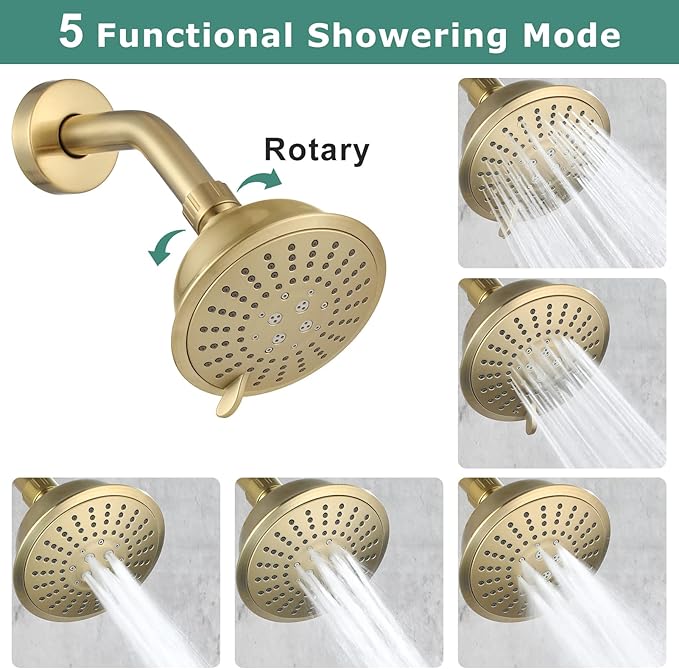 PARLOS Shower System, Brushed Gold Shower Faucet Set with Tub Spout(Valve Included), 5-Setting Mode Shower Head and Tub Spout with Diverter, Multi-Function Wall Mounted Shower Bathtub Combo, 1436908