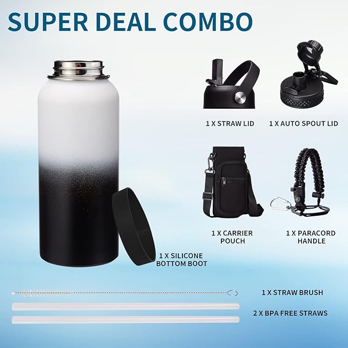 Metal Water Bottle 32 oz - Insulated Water Bottles Keep Cold 48H Hot 24H, Large Waterbottle with Strap, Straw & Spout Lid, Protective Boot, Wide Mouth Stainless Steel Thermo Jug Flask Sport Office