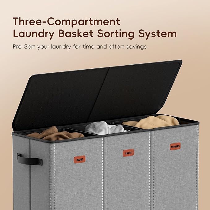185L Laundry Hamper 3 Section, Laundry Hamper with Lid, Dirty Clothes Hamper with 3 Removable Washing Bags, Extra Large Laundry Basket Organizer for Bedroom, Laundry Room, Dorm - Gray