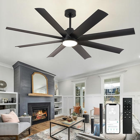 Depuley 72" Large Ceiling Fans with Lights and Remote App, Industrial Ceiling Fan for Kitchen Living Room Covered Patio, 5-Speed Reversible DC Motor, 3 CCT Dimmable LED Lighting, 8 Blades, Timer