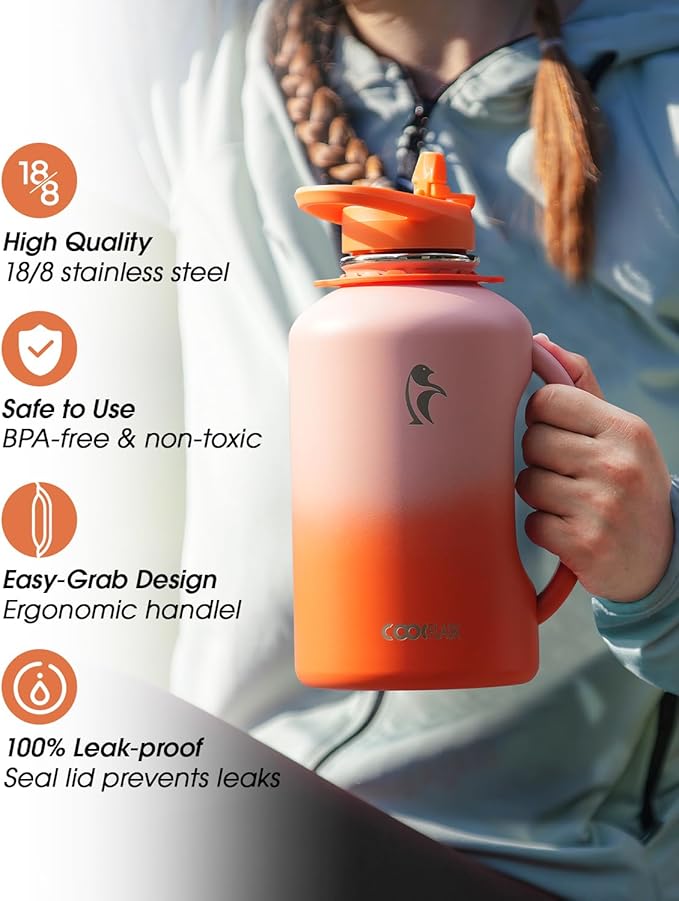 64oz Insulated Water Bottle, Coolflask Half Gallon Water Jug With Handle Straw Stainless Steel Double-Walled Vacuum Metal Large Flask With Strap Bpa-Free Leakproof, Keep Cold 48 Hrs, Sunny Orange