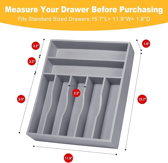 Kitchen Bamboo Silverware Organizer, Kitchen Drawer Organizer - Utensil Holder and Cutlery Tray with Grooved Drawer Dividers for Flatware 7 Slot, Grey