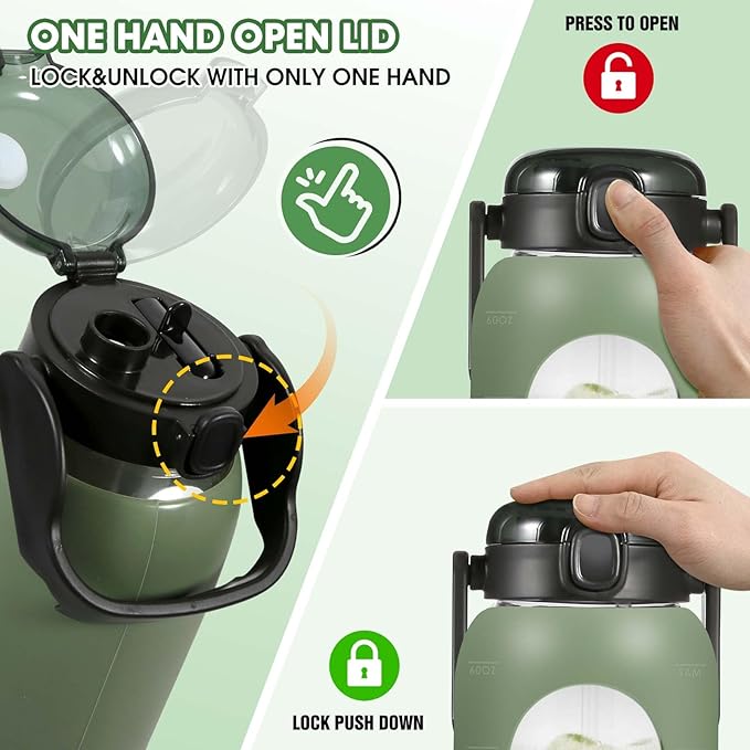 Glass Water Bottles 64 oz - Large Half Gallon Motivational Glass Water Bottle with Time Marker Straw Phone Holder Handle, 64oz Daily Water Intake Jug with Silicone Sleeve for Office Work Gym Olive