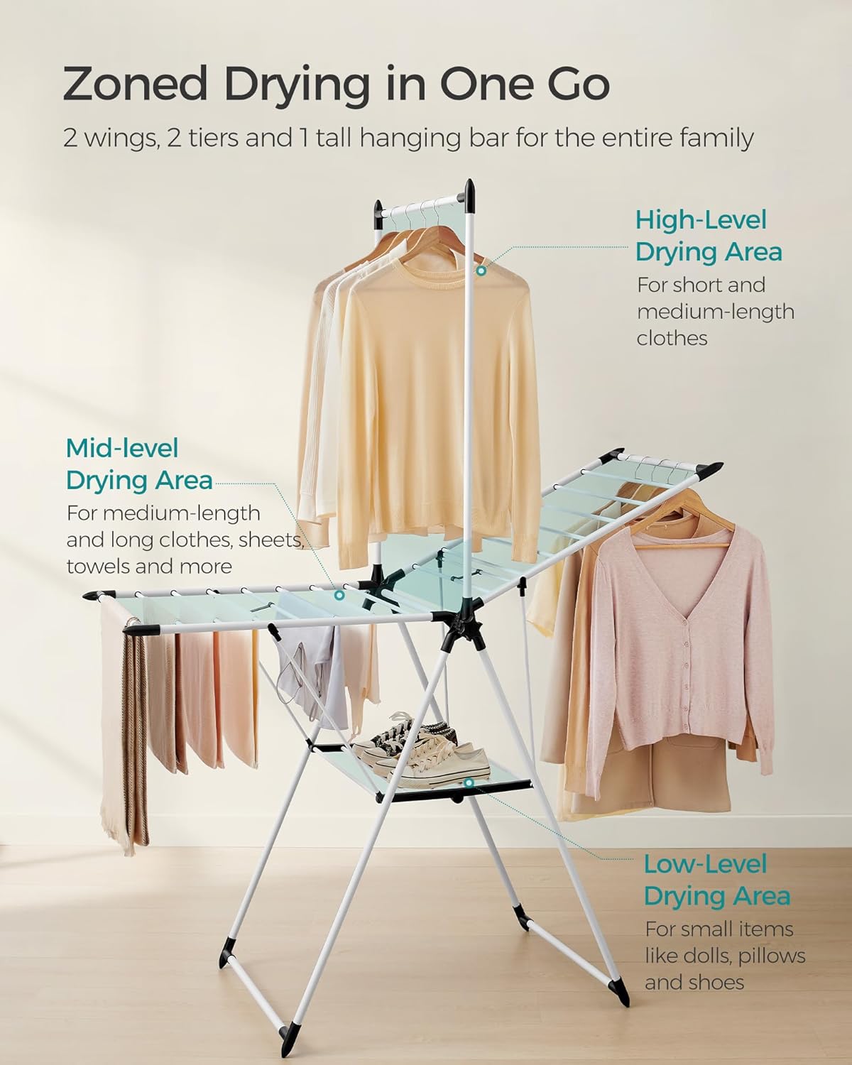 SONGMICS Clothes Drying Rack, Foldable 2-Level Laundry Drying Rack, Free-Standing Airer, 1 Additional Tall Hanging Bar, 2 Height-Adjustable Wings, 24 Drying Rails, Space Savng, Simply White ULLR521W01