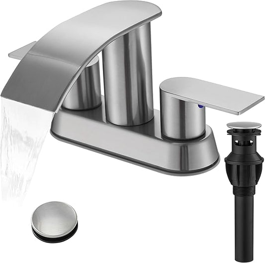 Waterfall Bathroom Sink Faucet 4 Inch Brushed Nickel Faucet Bathroom with Pop Up Drain 2 or 3 Holes Bathrooms Basin Lavatory Mixer Tap with Deck Mount Plate