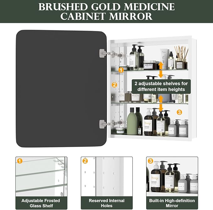 WallBeyond Bathroom 22x28 Inch Black Recessed Medicine Cabinet with Round Corner Aluminum Alloy Metal Framed, Single Door Modern Medicine Cabinet with Storage