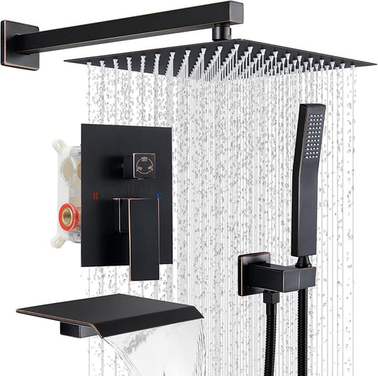 Rain Shower Faucet Set Wall Mounted Rainfall with Tub Spout Shower Head System Rough-in Valve Body and Trim Included Oil Rubbed Bronze (10 Inches)