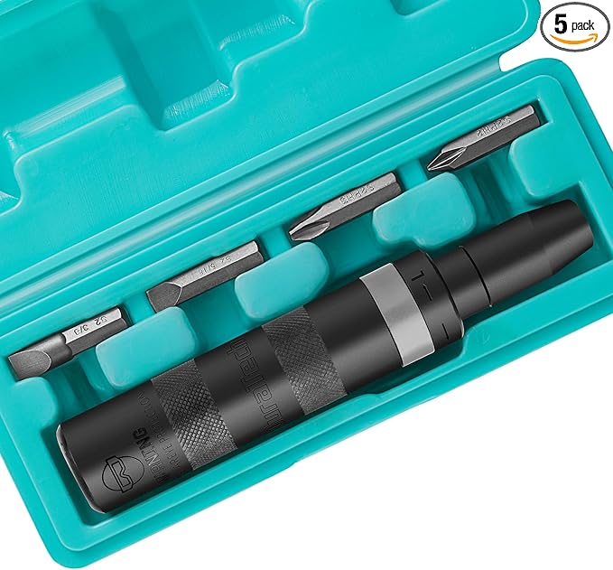 DURATECH 3/8 Inch Drive Manual Impact Driver, Reversible Hand Screwdriver Set, with S2 Steel Bits, 5-Piece, for Tighten/Rusted Fasteners, Organized in Storage Case