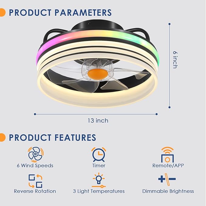 Flush Mount Ceiling Fan with RGB Light - 13“ Small Bladeless Ceiling Fan Light with Reversible Mute Motor, RGB LED Dimmable, Low Profile Enclosed Ceiling Fans for Indoor, Kids Room, Party