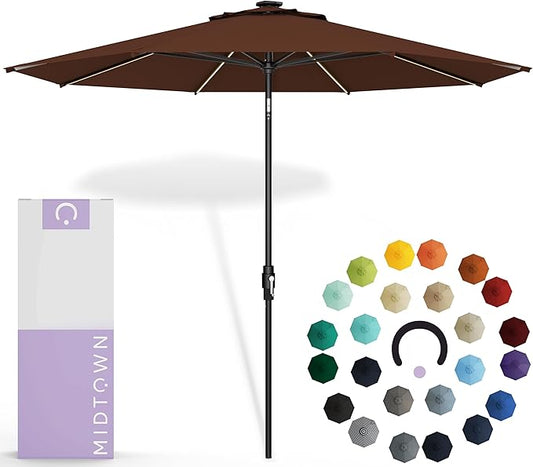 Midtown Umbrellas The LED Swilt 10 Feet Patio Umbrella With Sunbrella Bay Brown Acrylic Fabric - Auto-Tilt Aluminum Frame With LED Lights For Backyard, Deck, Garden, Pool - Black Pole