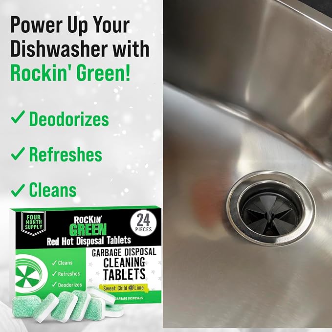 Rockin' Green Deep Cleaning and Deodorizing Tablets for Dishwashers, Washing Machines, and Garbage Disposals, Removes Odor and Residue (Garbage Disposal Cleaning Tablets, 24 Pack)