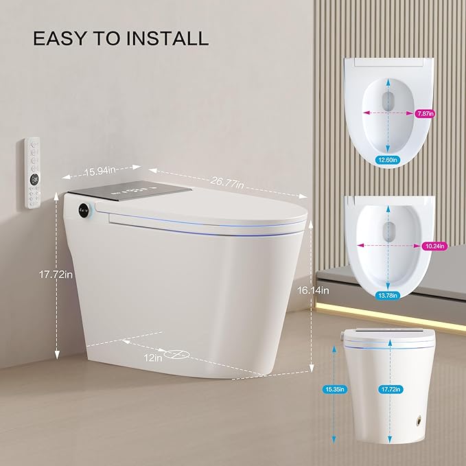 Smart Toilet with Built-In Bidet, Heated Seat, Dual Auto Flush with Foot Sensor, Tankless Design, Warm Water Wash & Dry, Modern Elongated Electric Toilet, LED Display, 1000g MAP, 1.28GPF