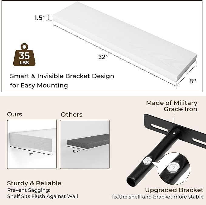 RICHFOCUS 31.5Inch Floating Shelves for Wall 2 Pack Shelves for Bedroom|Kitchen|Bathroom Wall Mounted Rustic Wood Floating Shelf with Invisible Brackets for Books|Storage|Decor, White