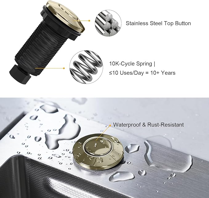Garbage Disposal Air Switch Kit, Sink Button Food Waste Disposals Part On/Off Air Button Stainless Steel Polished (Golden Brass Brushed, LONG/3.6")