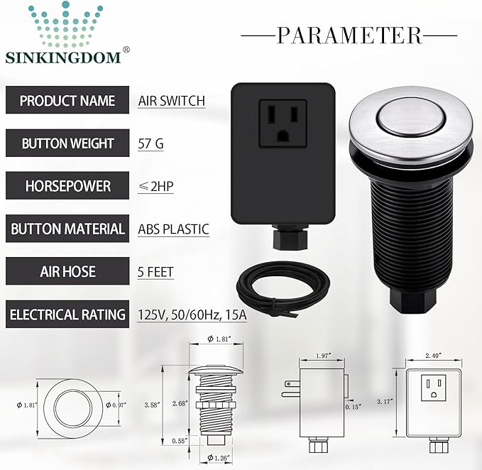 Garbage Disposal Air Switch Kit with Long Button, Brushed Nickel (Brass Cover)