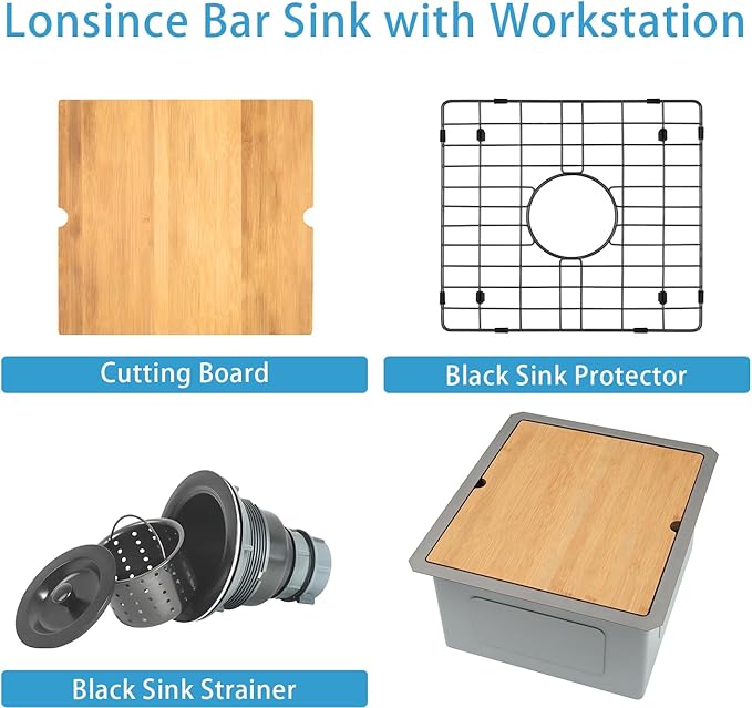 Black Bar Sink Undermount,Small Bar & Prep Sinks,16 gauge Stainless Steel Bar Sink with Workstation for Wet Bar Area (17" X 19")