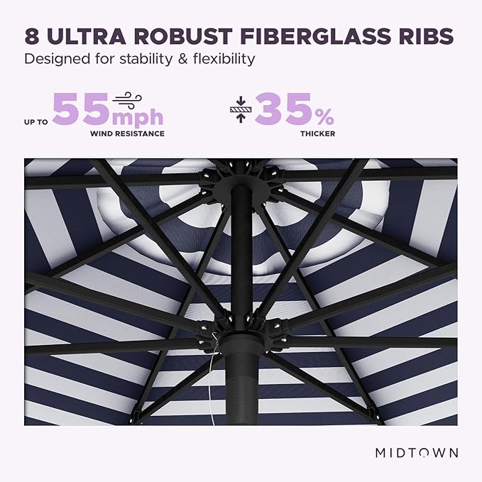 Midtown Umbrellas Push and Pop 9 Feet Outdoor Umbrella, Navy/White Stripes Polyester Fabric - Fiberglass Ribs Deck Patio Umbrella, Backyard Umbrella, Garden Umbrella & Pool Umbrella - Black Pole