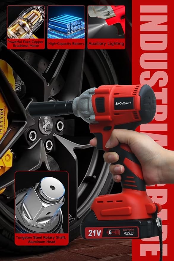 Cordless Impact Wrench, 2 Batteries, 1/2 Impact Gun, with 5 Sockets,Pistola de Impacto, Electric Impact Driver for Car Tires and Home RED-DDBS