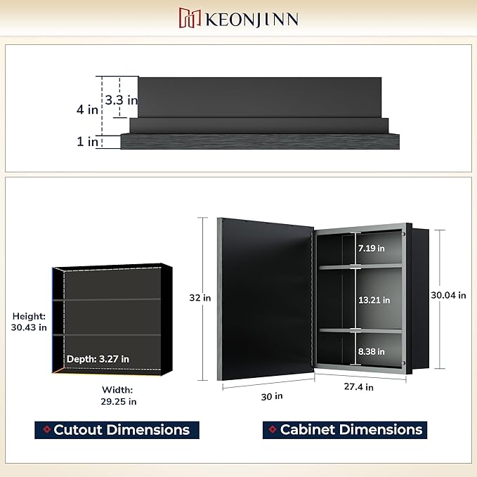 Keonjinn 30 x 32 Inch Silver Bathroom Medicine Cabinets with Mirror Aluminum Alloy Frame with Beveled Edges Recessed or Surface Wall-Mounted Metal Framed Medicine Cabinet for Bathroom Vanity