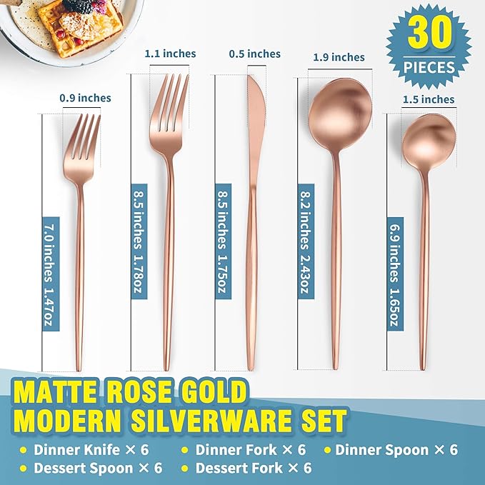 Matte Rose Gold Silverware Set for 6,Modern Stainless Steel Brushed Cutlery Set,30-Pieces Heavy Duty Flatware Set,Knives Spoons and Forks Set Utensils Set, Satin Finish, Dishwasher Safe