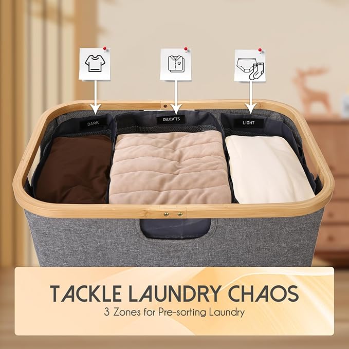160L Laundry Sorter Hamper with Lid, 3 Section Extra Large Dirty Clothes Basket with Handles, 3 Removable Liner Bags & Labels, Gray