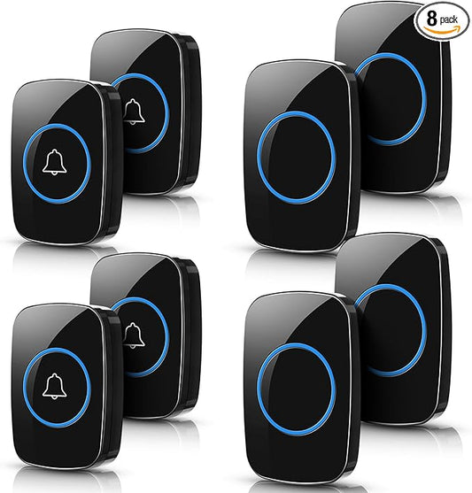 8 Pcs Waterproof Doorbell Kit 4 Pcs Home Doorbell with 4 Pcs Receivers 1000 FT Range 5 Volume Levels with 60 Doorbell Chimes and LED Flash (Black)