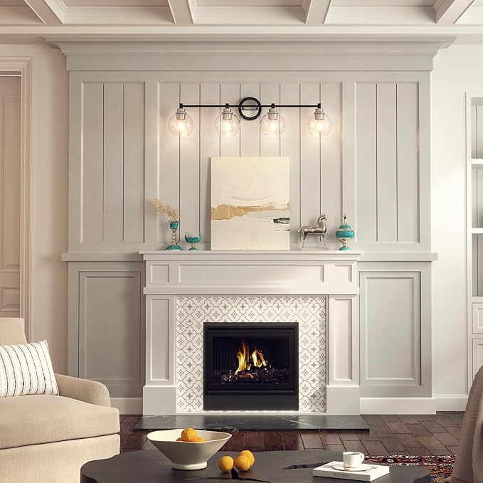 VONLUCE Bathroom Light Fixtures, 4-Light Vanity Light with Globe Glass Shades E26 Sockets, Bathroom Lights Over Mirror for Bedroom Hallway Living Room, Black & Nickel Finish