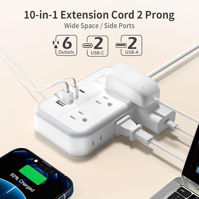 NTONPOWER 10FT Extension Cord with Surge Protector, 2 Prong to 3 Prong Adapter, 1875W Power Strip with 4 USB Ports (2 USB C), Wall Mount Flat Plug Extension Cord for Old House