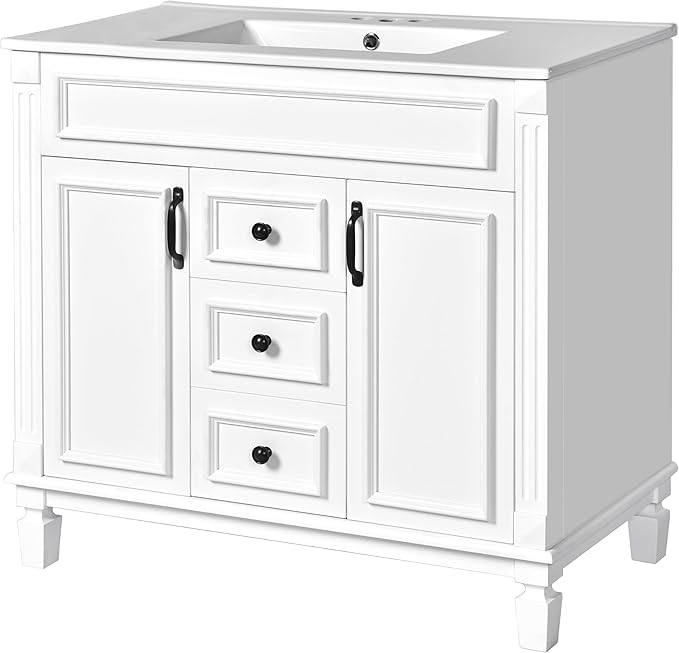 Merax 36” Bathroom Vanity with Sink, Freestanding Single Bathroom Sink Vanity Cabinet Set with 36” Countertop & Integrated Sink, 2 Doors & 2 Drawers (Sink Cabinet Only, White)