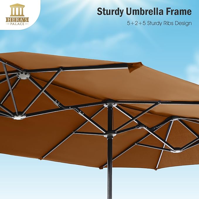 HERA'S PALACE 13 ft Large Patio Umbrella Double-Sided Outdoor Market Umbrella for Poolside Lawn Garden Powerful UV Protective, Tawny