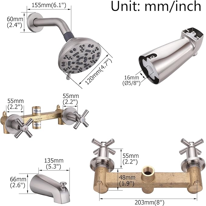 2 Handles Shower Faucet Set with Tub Spout Bathtub Shower Faucet Combo Set Shower System Complete Tub and Shower Trim Kit Wall Mounted Shower Fixtures Brushed Nickel