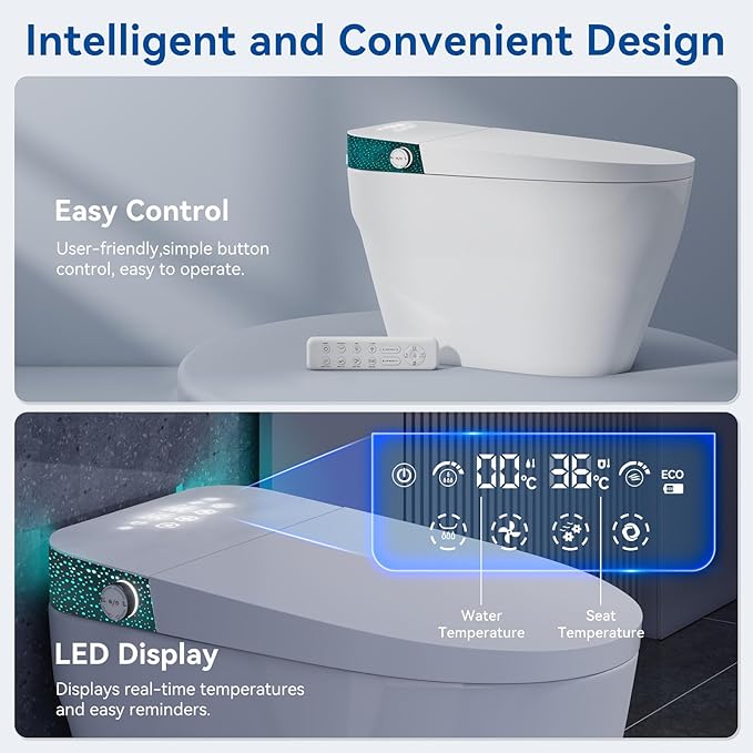 Smart Toilet with Bidet Built In, Elongated Heated Seat, Warm Water & Dryer, One Piece Bidet for Bathrooms, Modern Smart Toilet with Auto Flush, Night Light, LED Display, and Remote Control