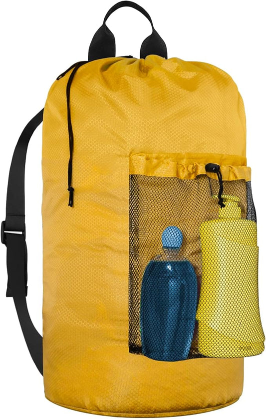 Large Laundry Backpack with Mesh Pocket & Adjustable Shoulder Straps, Yellow