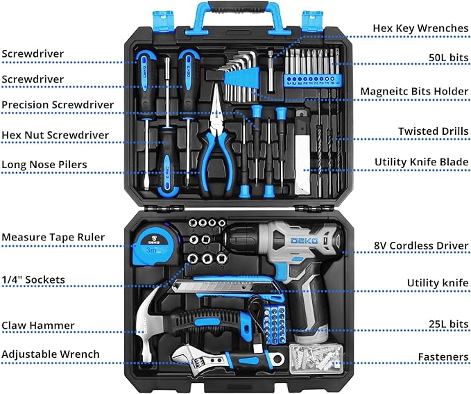 DEKOPRO Drill Set: Tool Set with 8V Blue Cordless Drill, Home Tool Kit with Drill, Hand Tool Kits for Men & Women 126 Piece