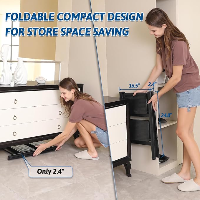 Double Elite Step Ladder 2 Step Folding, Sturdy 330 Lbs Load Folding Step Stool for Adults, Safer Full Steel Frame, Multi-use Closet/Home Kitchen Small Step Ladder with Wide Pedals, Black