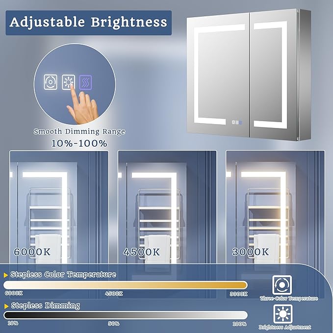ExBrite LED Lighted Bathroom Medicine Cabinet with Mirror, 30 x 26 Inch, Recessed or Surface Mount, Anti-Fog, Stepless Dimming, Color Temperature Change, Built-in 6000K Sensor Light, Storage Shelves