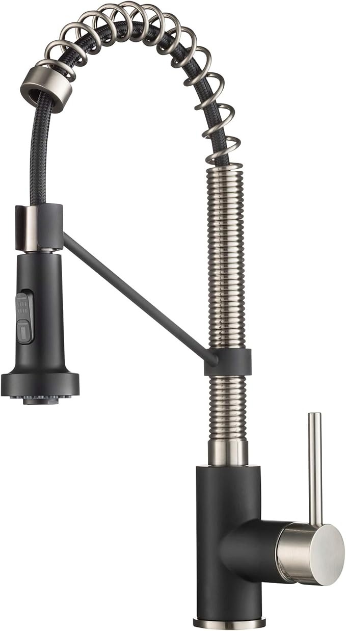 KRAUS Bolden 18-Inch Single Handle Spot Free Stainless Steel/Matte Black Commercial Style Pull-Down Kitchen Faucet with Dual Function Sprayer, KPF-1610SFSMB (Pack of 1)