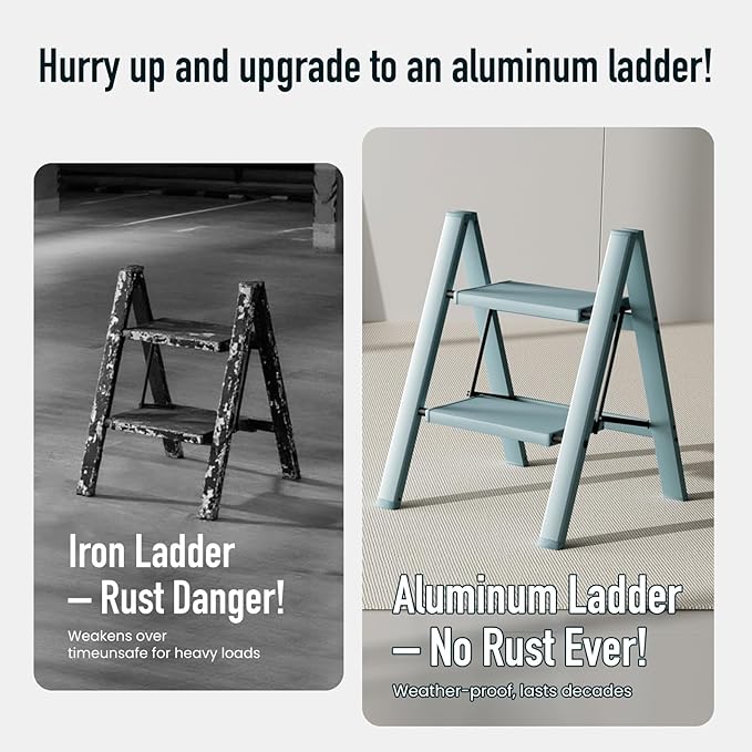 2 Step Ladder,Aluminum Folding Step Stool for Adults,Step Ladder with Wide Anti-Slip Pedal,330 lbs Capacity for Home,Office,Kitchen,Library(Blue)