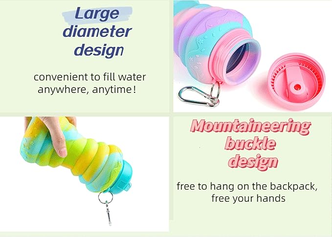 Collapsible Water Bottles，Foldable Sport Cups，Leak Proof Reusable Bpa Free Water Bottles，21oz Mixed Colors Design，for Outdoor, Travel Gym Hiking Pink