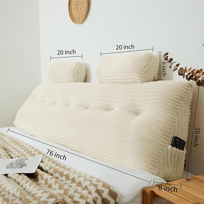 Headboard Wedge Pillow with 2 Pack Neck Roll Pillow Large Headboard Pillow King Wedge Pillow Headboard Soft and Supportive Bed Rest Reading Pillows for Sitting in Bed with Removable Cover