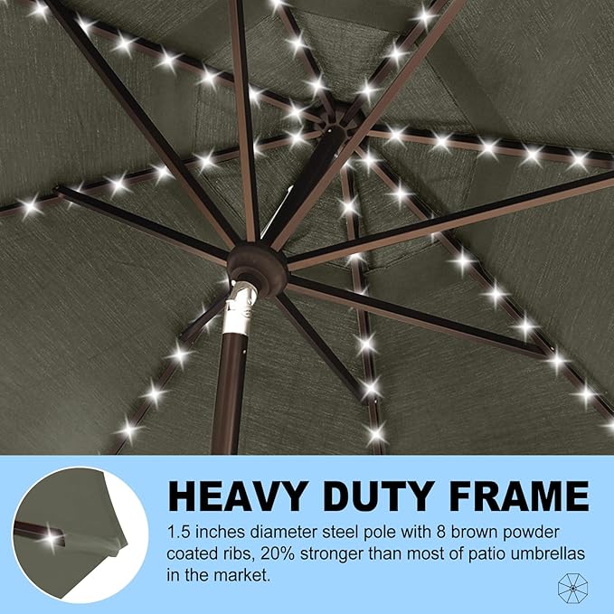 Eurmax USA 10-Year-Non-Fading 10Ft Solar Market Umbrella Outdoor Patio Umbrella Table Umbrella with LED Lights,8 Ribs,Hand Crank and Ventilation (Charcoal)